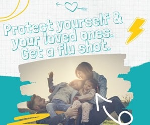 Family of four cuddles on the grass at sunset. Text reads Protect yourself and your loved ones. Get a flu shot.