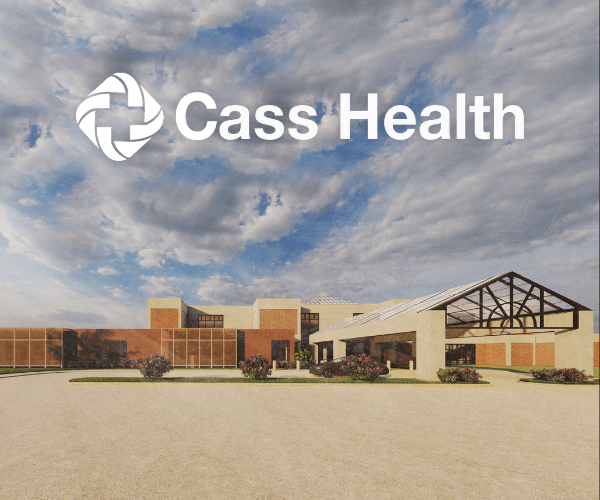 Illustrated main entrance and clouds with Cass Health logo