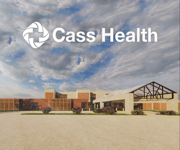 CassHealth_generic Illustrated main entrance and clouds with Cass Health logo
