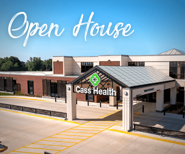 text: open house image: main entrance of cass health