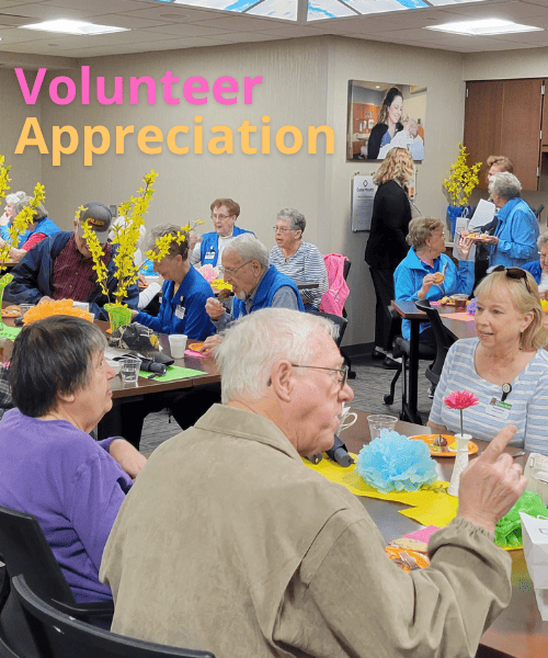 volunteers Seated volunteers talking and enjoying appetizers.